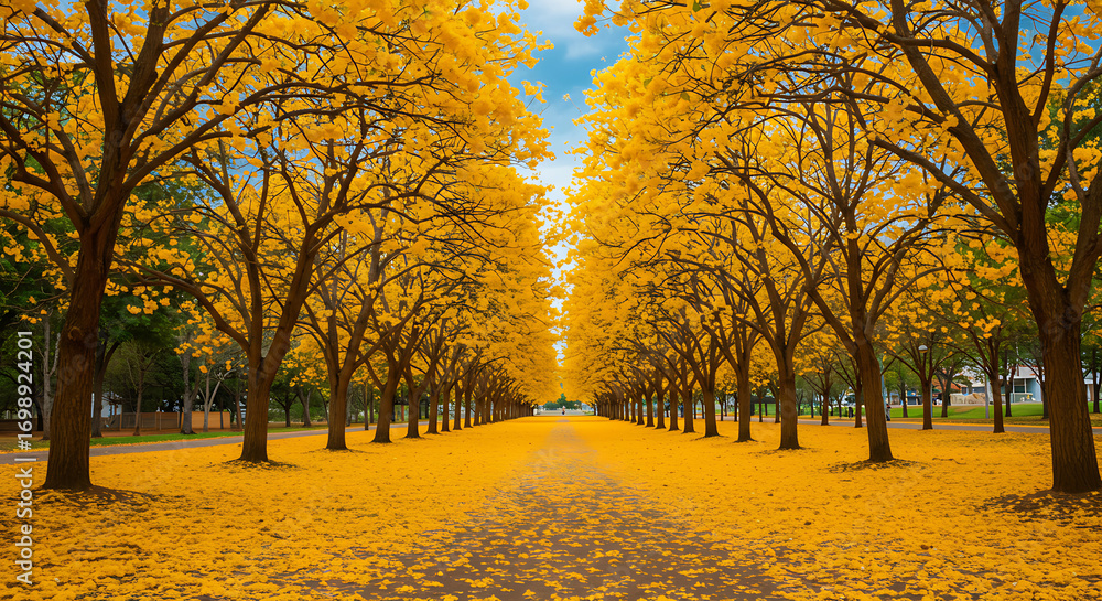 Fototapeta premium Boulevard with yellow tabebuia trees in bloom, petals scattered on the sidewalks