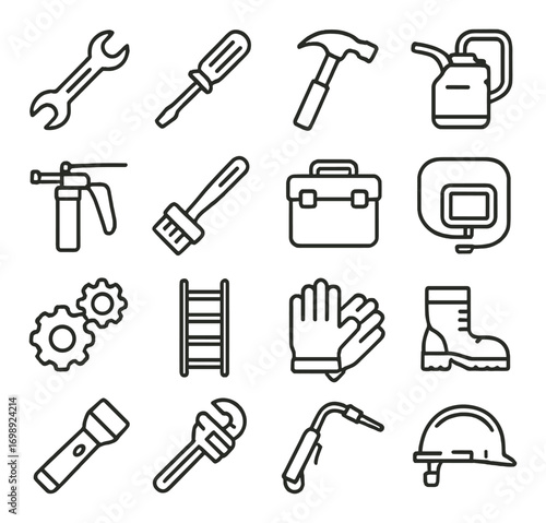Construction tools linear icon set. featuring wrench, screwdriver, hammer, oil can, caulking gun, and paintbrush
