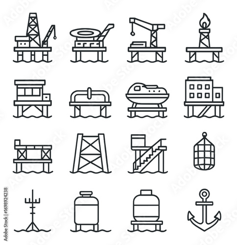 Oil industry linear icon set. featuring rig, platform, crane, refinery, tank, anchor, and buoy symbols