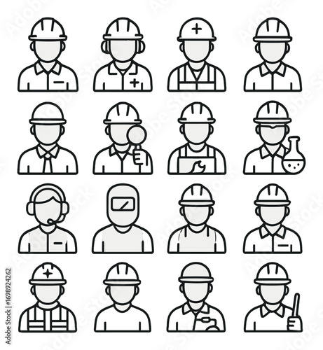 Construction workers linear icon set. featuring engineer, foreman, welder, safety officer, and surveyor symbols