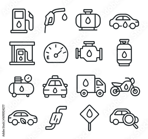 Fuel station linear icons set. featuring pump, nozzle, tank, car, gauge, engine, truck, motorcycle, and map