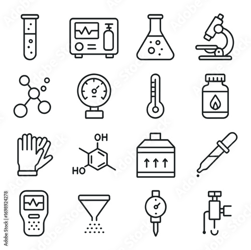 Laboratory equipment linear icon set. featuring test tube, microscope, beaker, molecule, thermometer, gloves, and more
