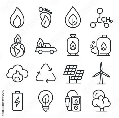 Energy and environment linear icons set. featuring fire, foot, leaf, molecule, globe, car, cylinder, plant