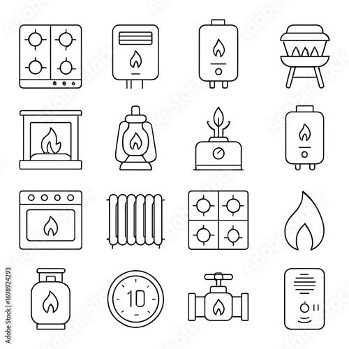 Heating and cooking linear icon set. featuring stove, heater, boiler, grill, fireplace, lamp, oven, radiator, burner, flame