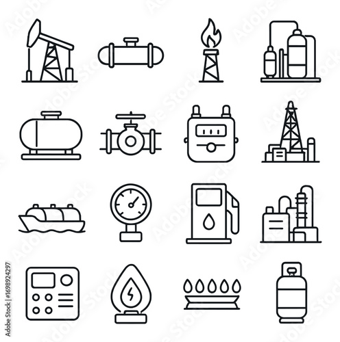 Energy industry linear icon set. featuring oil rig, pipeline, refinery, gas meter, and fuel pump symbols
