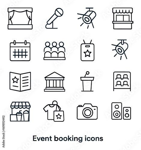 Event planning linear icon set. featuring stage, microphone, spotlight, booth, calendar, audience, badge, and ticket symbols