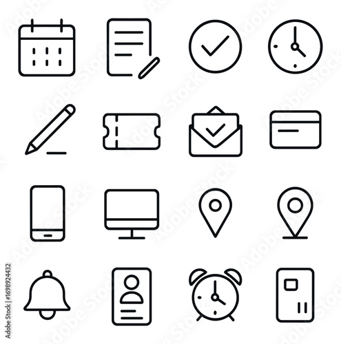 Office and productivity linear icon set. featuring calendar, document, clock, pencil, ticket, envelope, card, phone, monitor, location, bell, id, alarm, fridge
