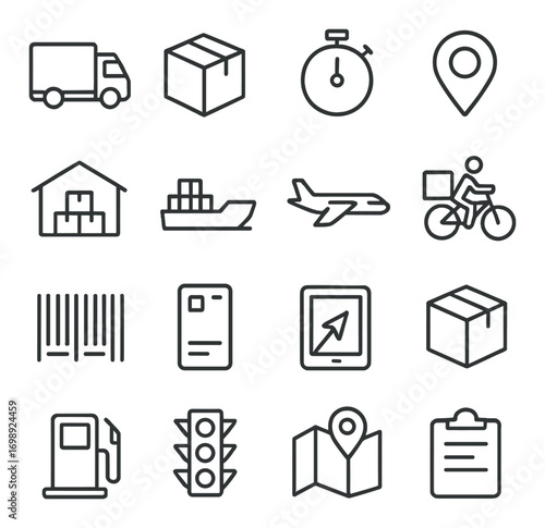 Logistics and delivery linear icon set. featuring truck, box, stopwatch, location, and warehouse symbols