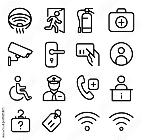 Safety and security linear icon set. featuring alarm, exit, fire extinguisher, first aid, camera, door, id, user symbols