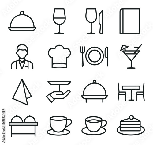 Restaurant linear icons set. featuring serving, wine, menu, chef, plate, cocktail, and dining symbols