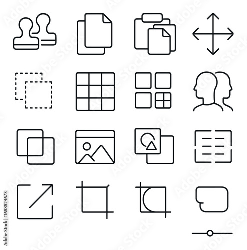 Interface design linear icon set. featuring crop, image, user, grid, expand, adjust, and format symbols