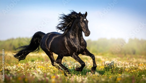 Fototapeta Naklejka Na Ścianę i Meble -  Black horse running through meadow flowers