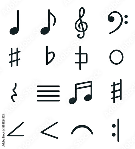 Music symbols linear icon set. featuring note, clef, sharp, flat, rest, and staff symbols