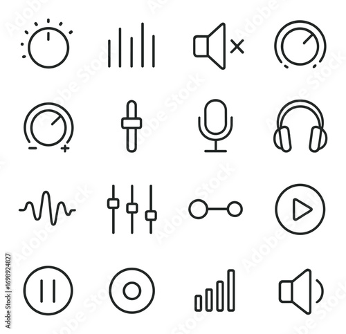 Music control linear icon set. featuring soundwave, equalizer, microphone, headphones, play, pause, volume