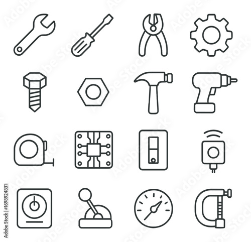 Tools and construction linear icon set. featuring wrench, screwdriver, pliers, gear, bolt, and hammer icons