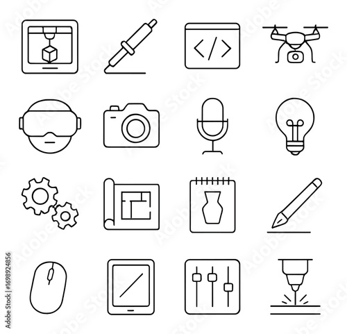 Technology linear icons set. featuring 3d printing, pen tool, coding, drone, vr headset, camera, microphone, and lightbulb
