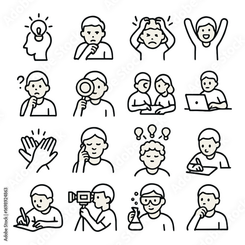Emotions and activities linear icons set. featuring idea, thinking, stress, celebration, and working symbols