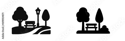 Two minimalist park illustrations featuring benches, trees, and pathways in contrasting styles and colors