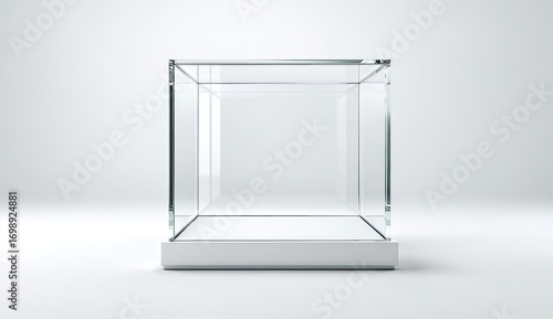 Empty glass display case, cube shape, on white base