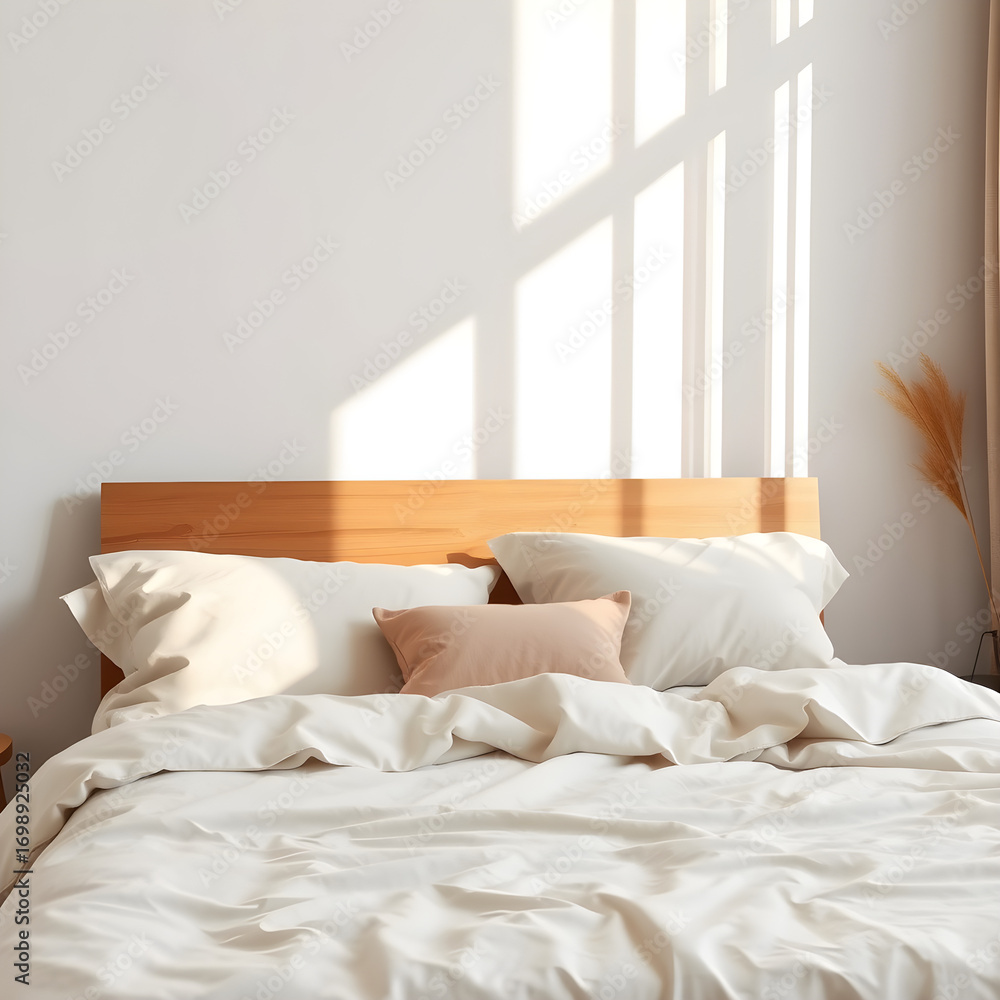 Obraz premium Minimal bedroom with sunlight and cozy bed