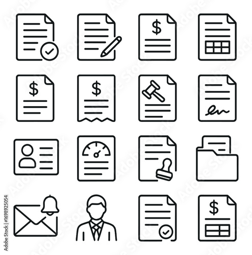 Financial document linear icon set. featuring invoice, contract, id, folder, notification, and lawyer symbols
