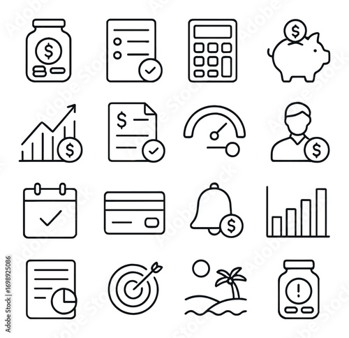 Finance and business linear icon set. featuring budget, report, calculator, savings, growth, contract, and payment symbols