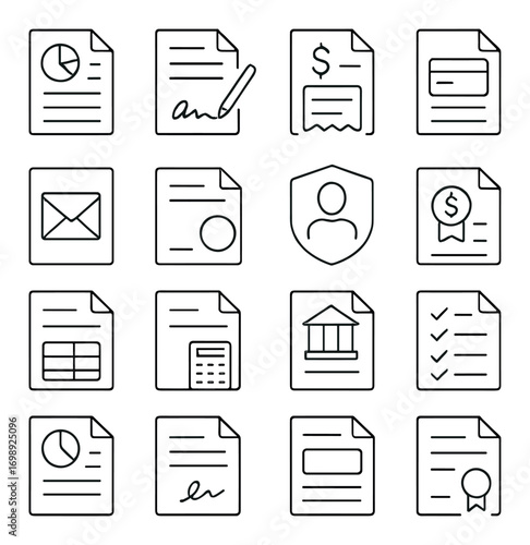 Business documents linear icon set. featuring report, contract, invoice, email, certificate, bank, and checklist