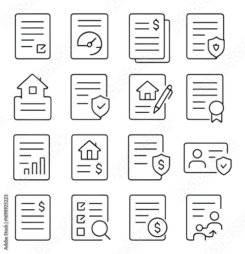 Finance and document linear icon set. featuring contract, agreement, shield, analysis, and mortgage symbols