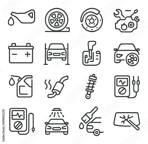 Car maintenance linear icons set. featuring oil, tire, brake, engine, battery, and suspension symbols