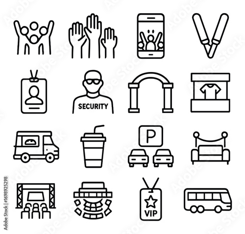 Event management linear icon set. featuring crowd, hands, smartphone, badge, security, arch, booth, and vip.