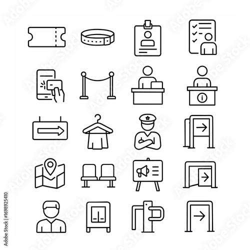 Travel and tourism linear icon set. featuring ticket, luggage, id, checklist, information, navigation, and map symbols