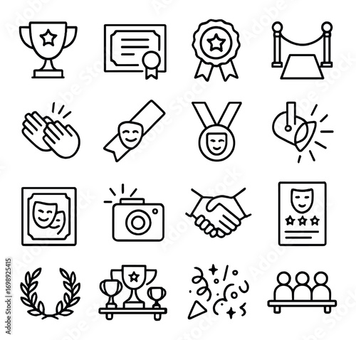 Awards and recognition linear icon set. featuring trophy, certificate, medal, red carpet, camera, handshake, podium