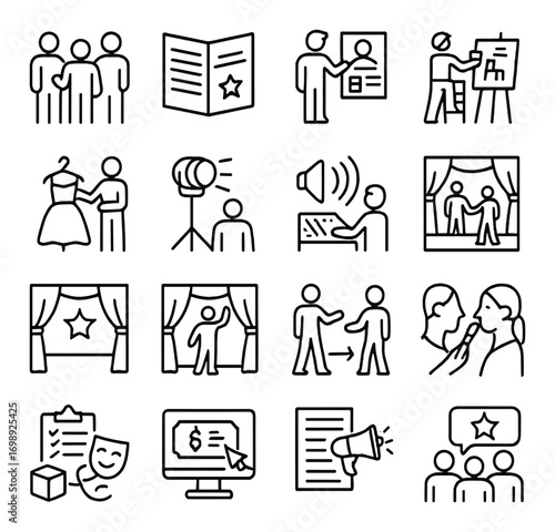 Event planning linear icon set. featuring calendar, ticket, invitation, speaker, presentation, and checklist symbols