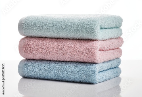 Three folded towels, pastel colors, stacked neatly on a white surface.  A light mint green, a soft pink, and a light blue towel.  Perfect for a spa or bathroom setting.  Soft, absorbent, and inviting