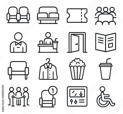 Movie theater linear icon set. featuring seats, ticket, audience, manager, concession stand, door, and popcorn
