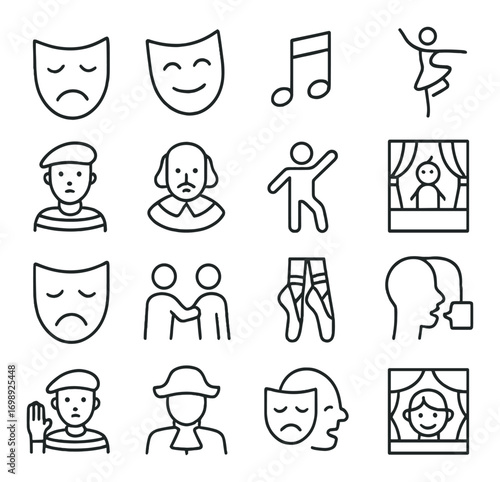 Theatrical linear icons set. featuring drama masks, music note, ballet dancer, mime, shakespeare, stage, and more