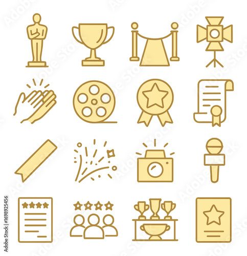 Award ceremony linear icon set. featuring trophies, film reel, clapper, microphone, and red carpet symbols