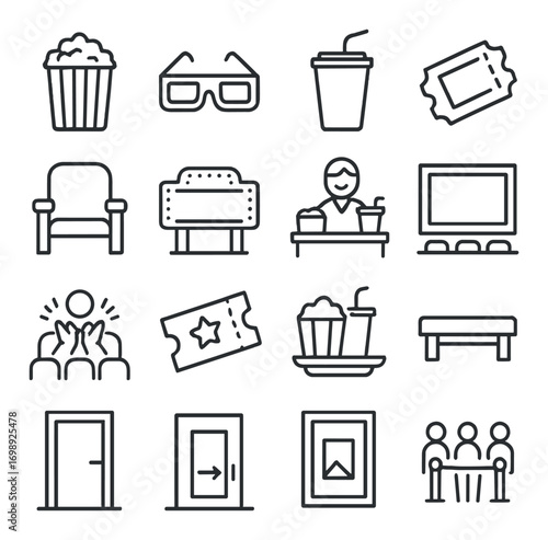 Cinema and theater linear icon set. featuring popcorn, 3d glasses, soda, tickets, and seating symbols