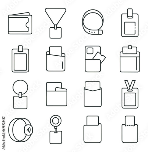 Office accessories linear icon set. featuring id card, badge, wallet, holder, strap, and lanyard symbols