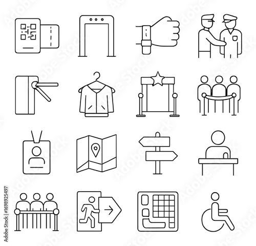 Event and facility linear icon set. featuring ticket, entrance, security, restroom, and access symbols