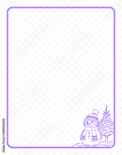 A square frame with a cute snowman and a snow-covered Christmas tree on a transparent background. Suitable for cards, invitations, notepads, notebooks, and posters. Vector illustration.