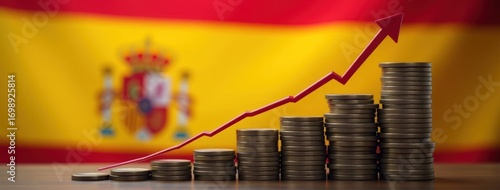 Spanish Economy and Growth: Rising Coins and Arrow with Spain Flag. Ideal for illustrating Spain’s economic growth, financial progress