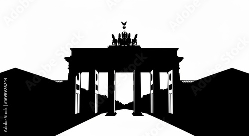 Silhouette of brandenburg gate in black and white with quadriga on top and pillars in the foreground created with generative ai