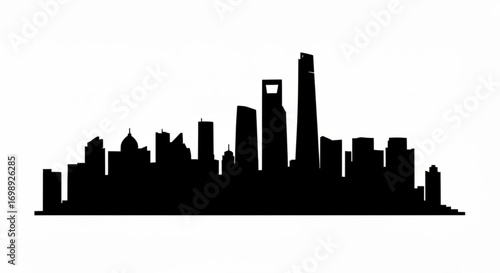 Silhouette of a cityscape with various buildings and skyscrapers against a white background in a dark tone created with generative ai