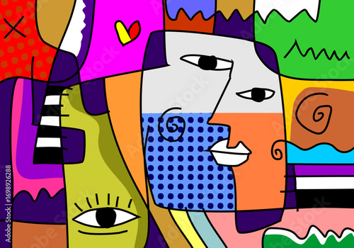 modern cubism illustration featuring abstract geometric shapes and expressive eyes.
