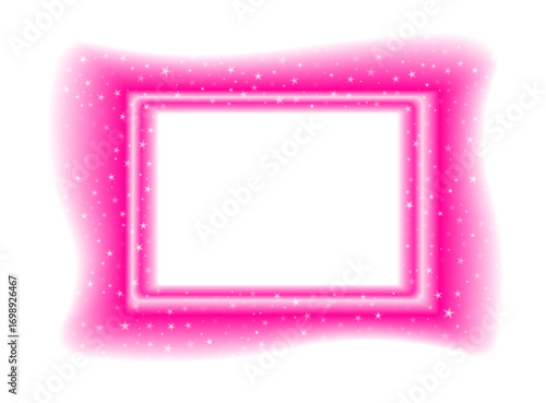 Luminous pink neon rectangle with shiny stars and soft glow. Vector glowing border on transparent background for holiday or modern celebration design.