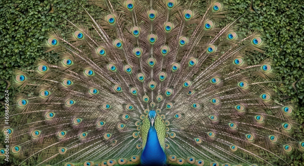 Naklejka premium Vibrant peacock displaying magnificent feathers in lush greenery