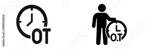 Clock symbol representing overtime work with a figure holding a clock icon in a minimalist design