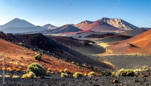 Volcanic landscape with vibrant colors and varied terrain showcases a beautiful vista of volcanic hills and valleys.