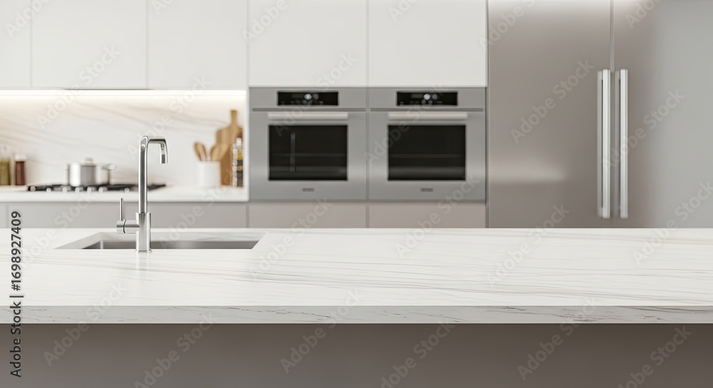 Fototapeta premium Bright kitchen with white countertops and stainless steel appliances.